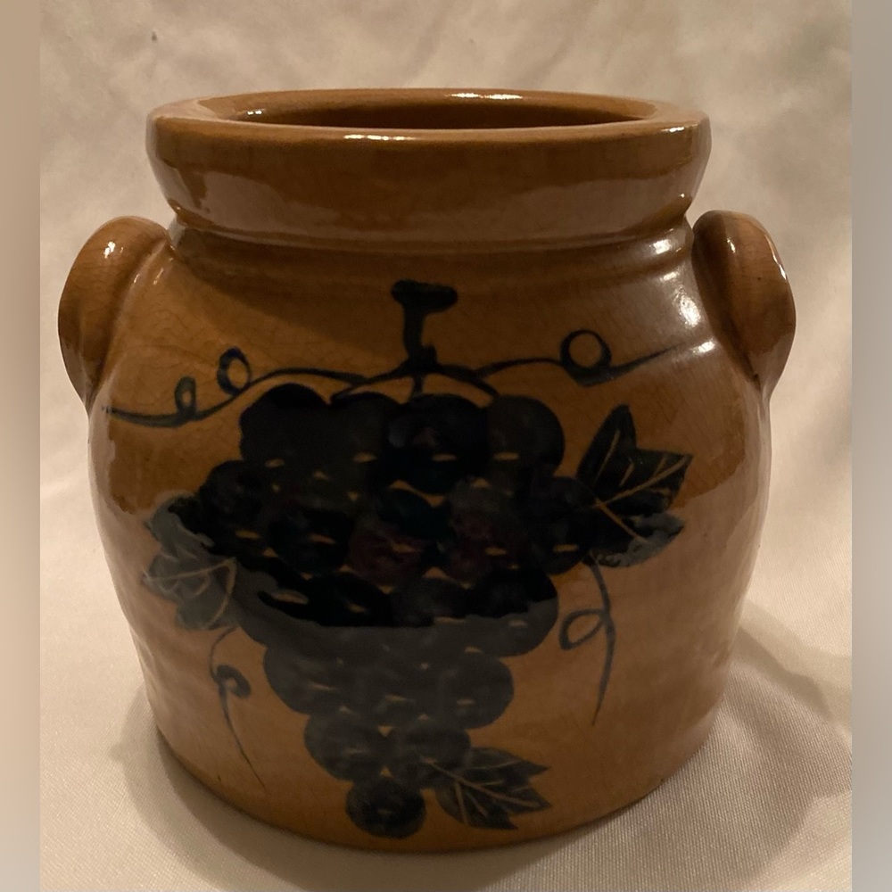 Brown Ceramic Crock with Dark Blue Grape Motif